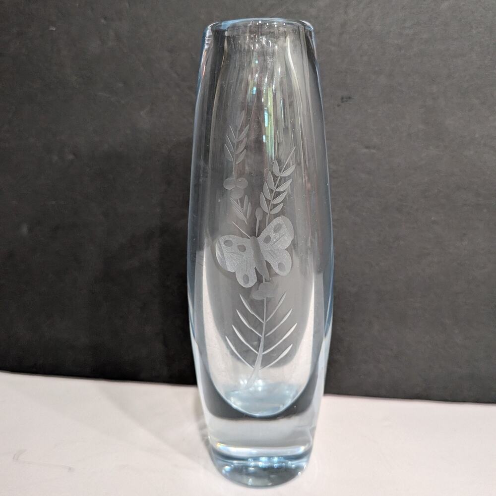 Vintage Kosta Boda Swedish Crystal Bud Vase by Vicke Lindstrand Etched Butterfly